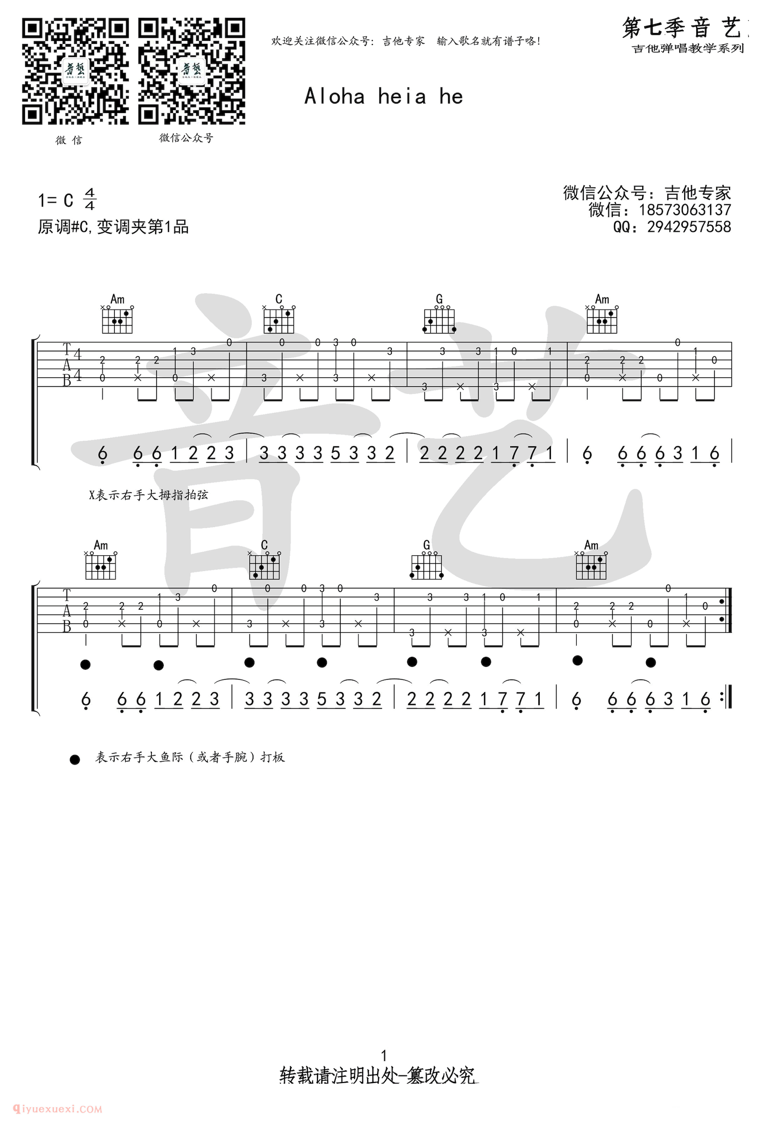 吉他指弹谱《Aloha heia he》抖音热歌简单指弹谱