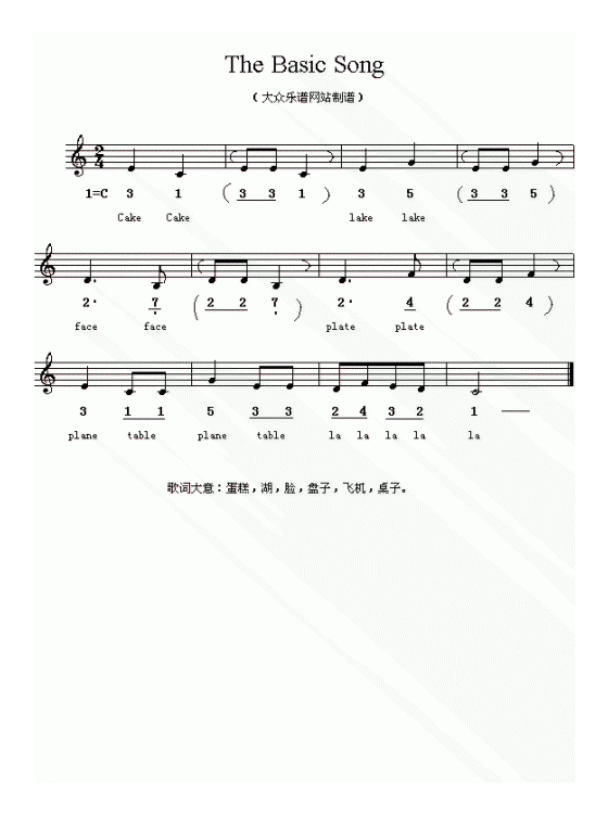 儿童歌曲《The basic song》五线谱与简谱