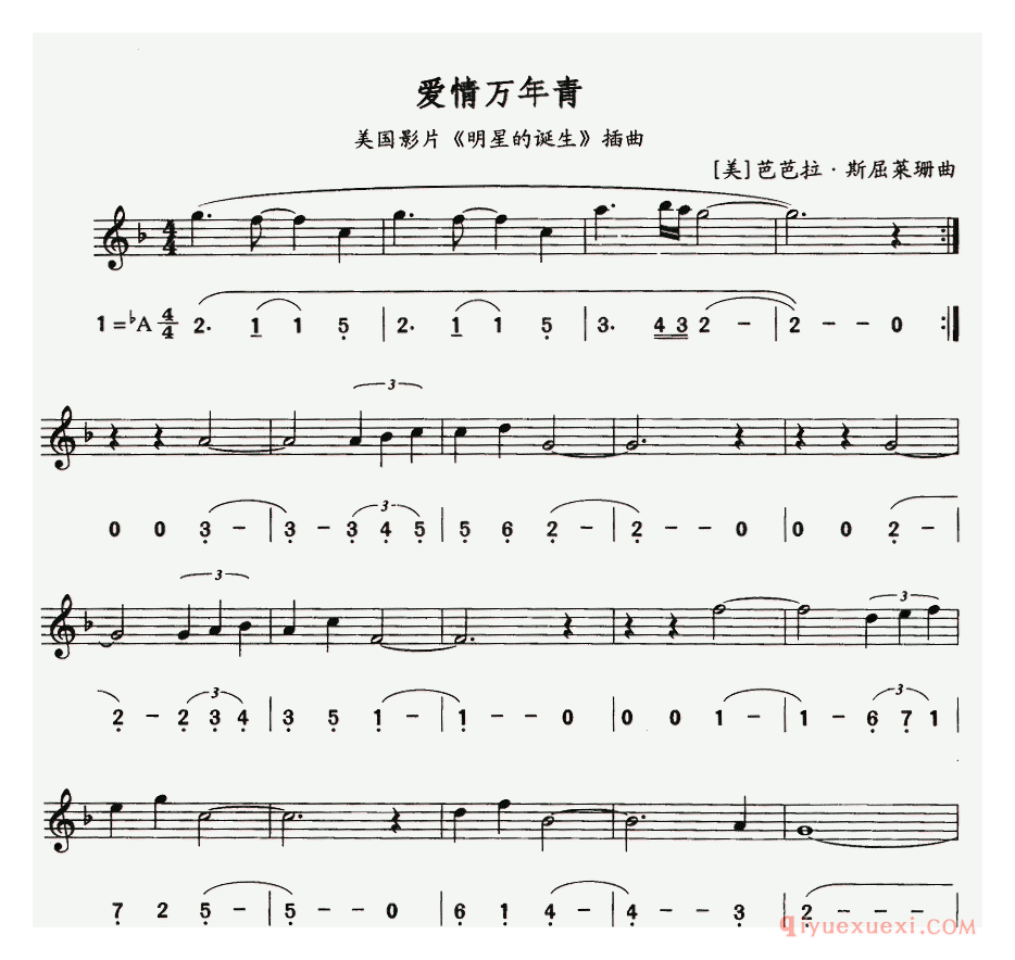 萨克斯谱【爱情万年青 美国影片明星的诞生插曲】线简谱对照版