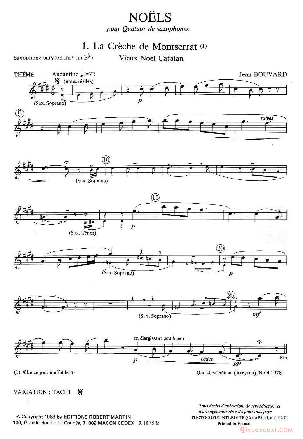 jean Bouvard 编写的6首萨克斯四重奏(低音萨克斯分谱)