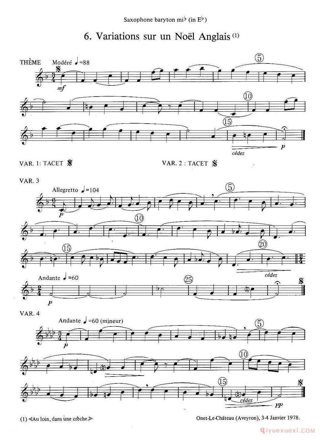 jean Bouvard 编写的6首萨克斯四重奏(低音萨克斯分谱)