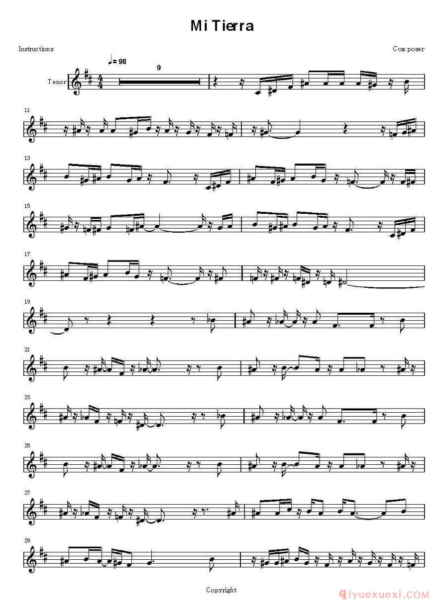 萨克斯谱《Mi Tierra》五线谱
