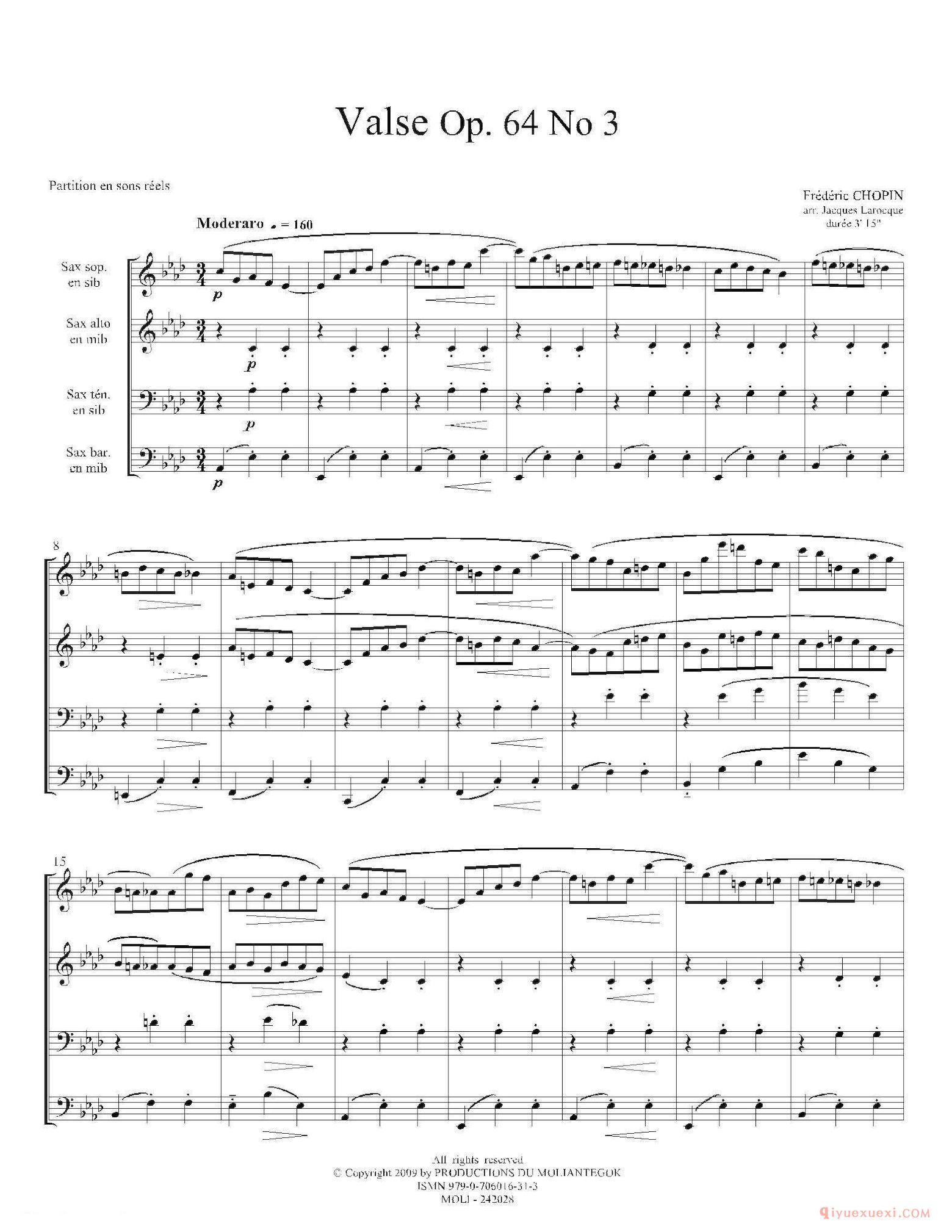萨克斯谱《降A大调圆舞曲 Op.64 No.3 四重奏》五线谱