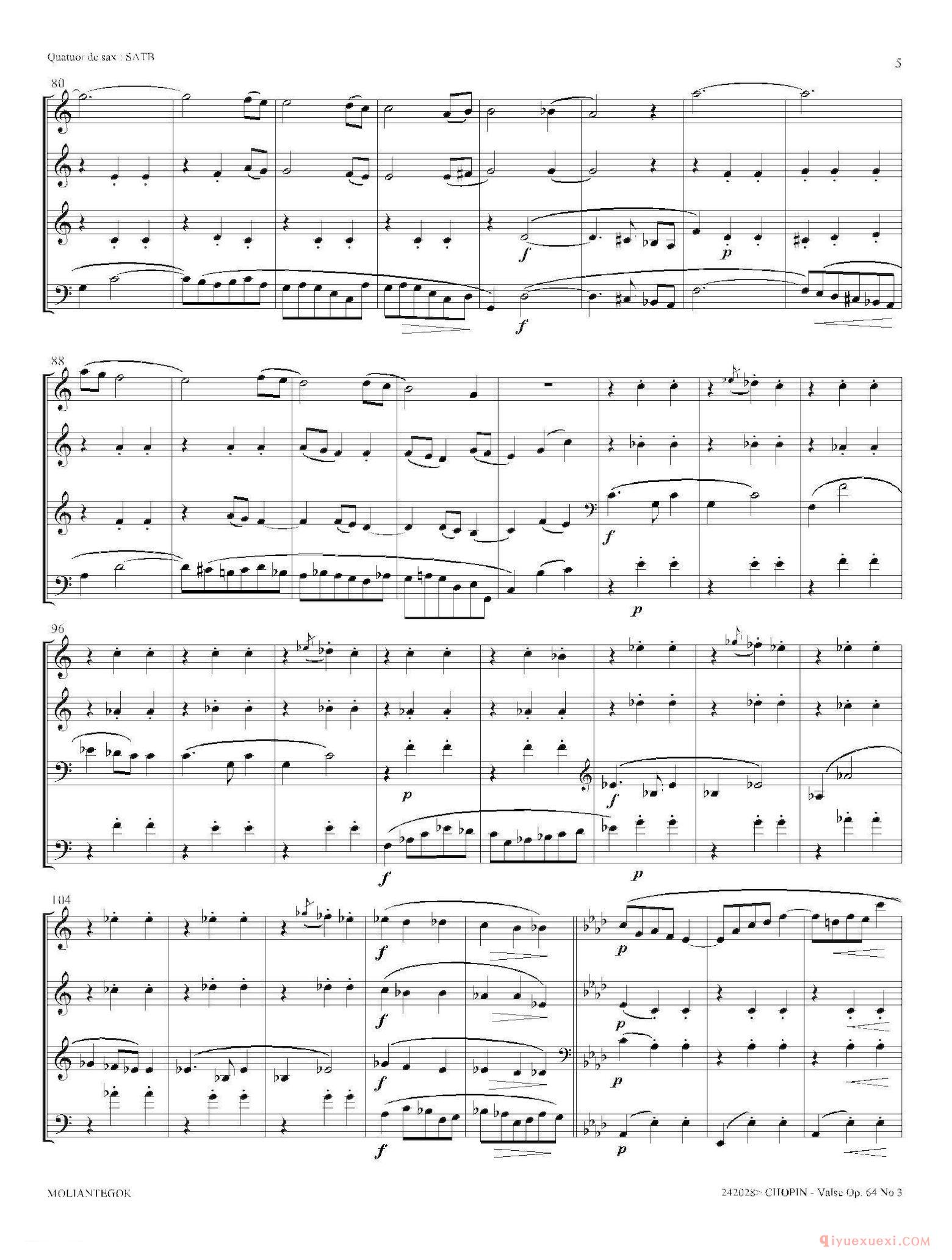 萨克斯谱《降A大调圆舞曲 Op.64 No.3 四重奏》五线谱