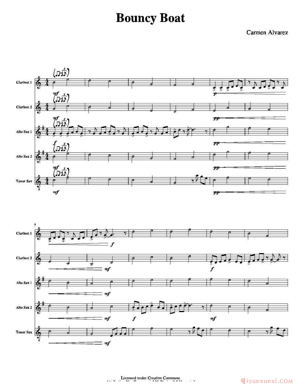萨克斯谱《Bouncy Boat（颠簸的船）五重奏总谱》五线谱