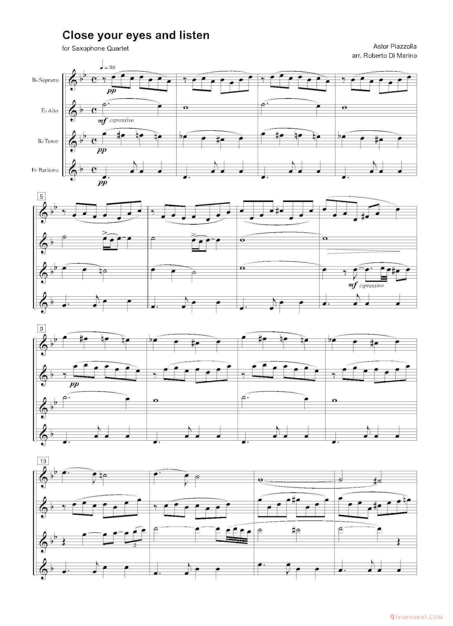 萨克斯谱《Close your eyes and listen 四重奏总谱/分谱》五线谱