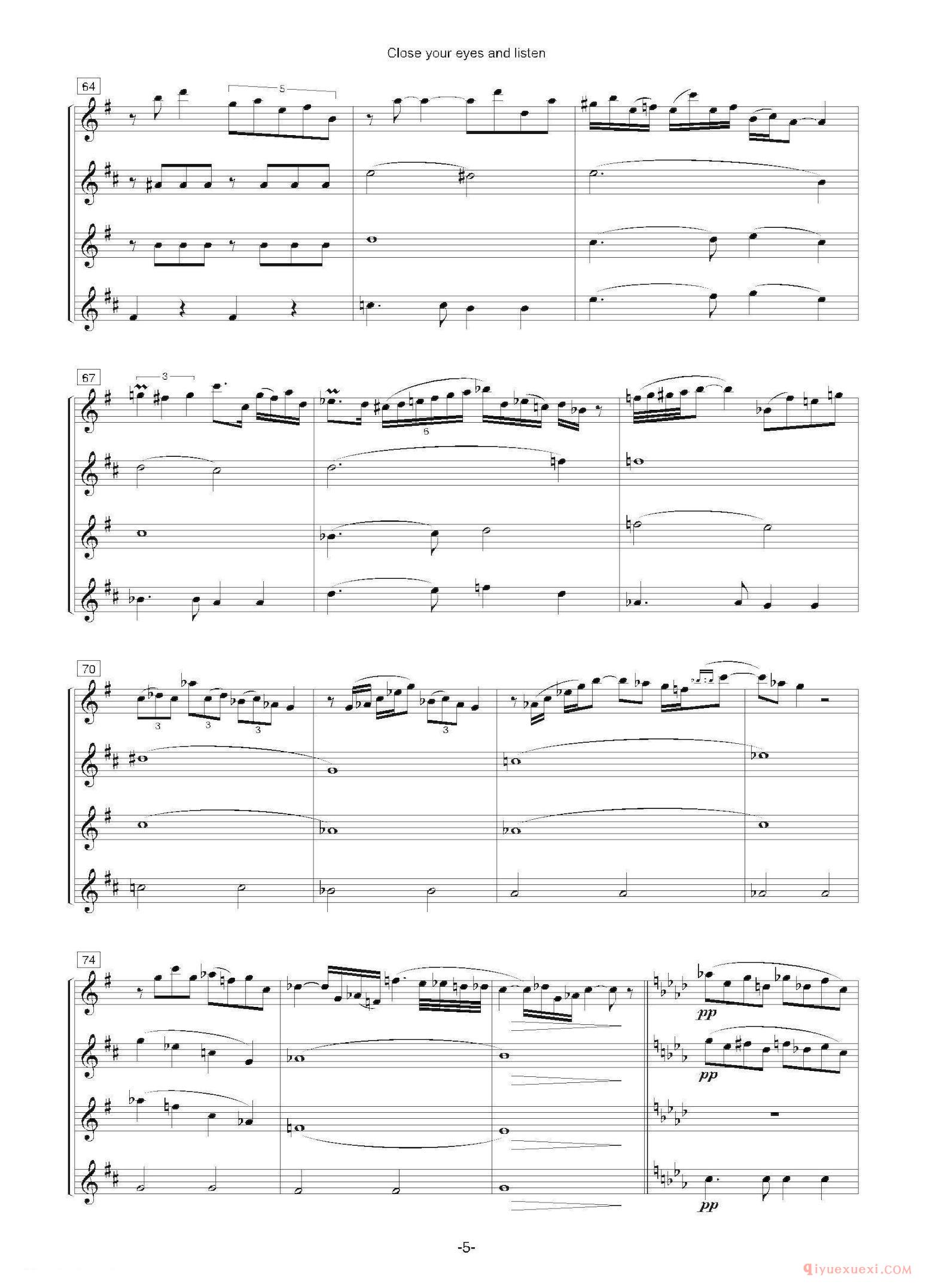 萨克斯谱《Close your eyes and listen 四重奏总谱/分谱》五线谱