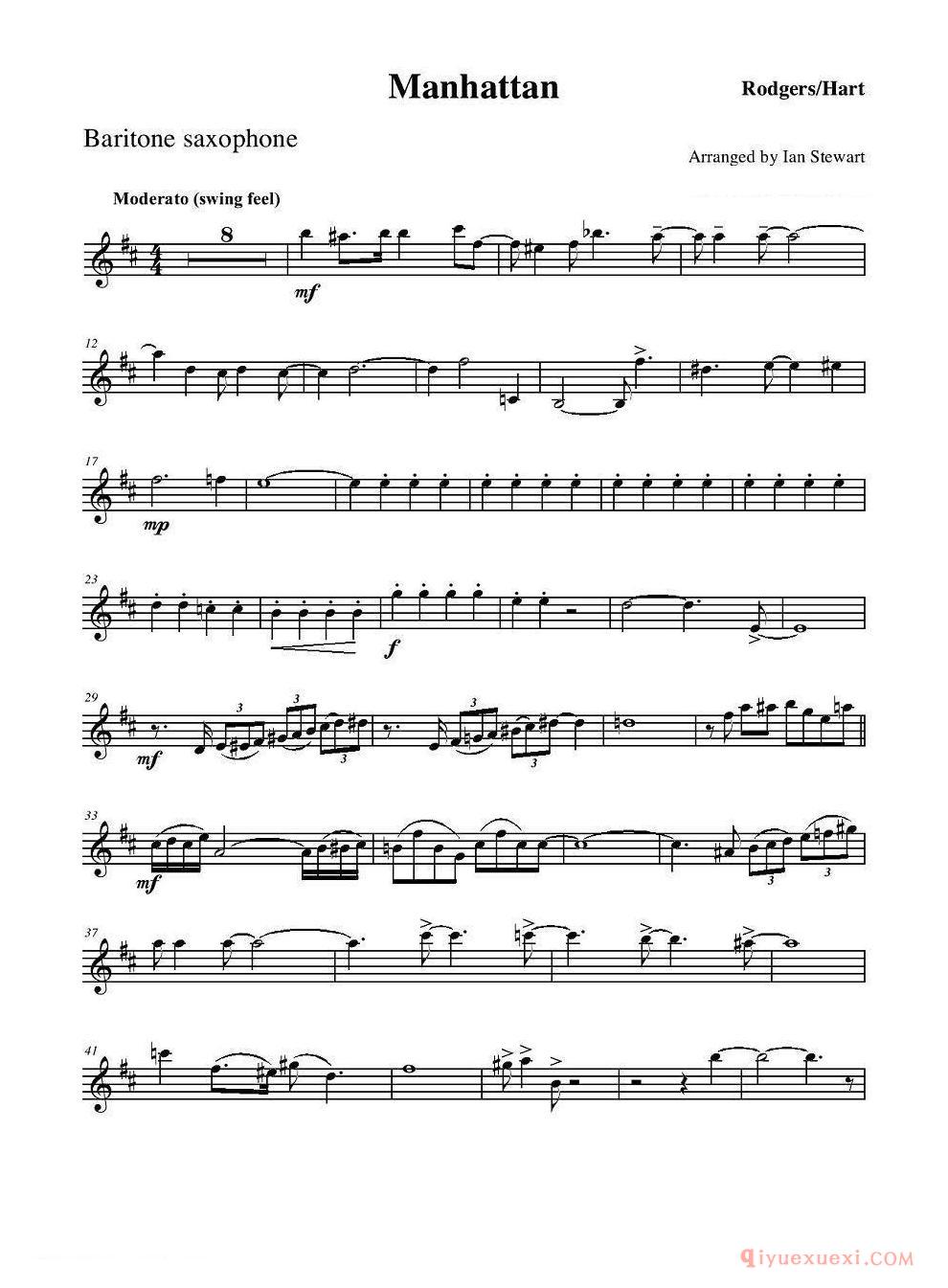 萨克斯谱《Manhattan Baritone Sax 四重奏上低音萨克斯分谱》五线谱
