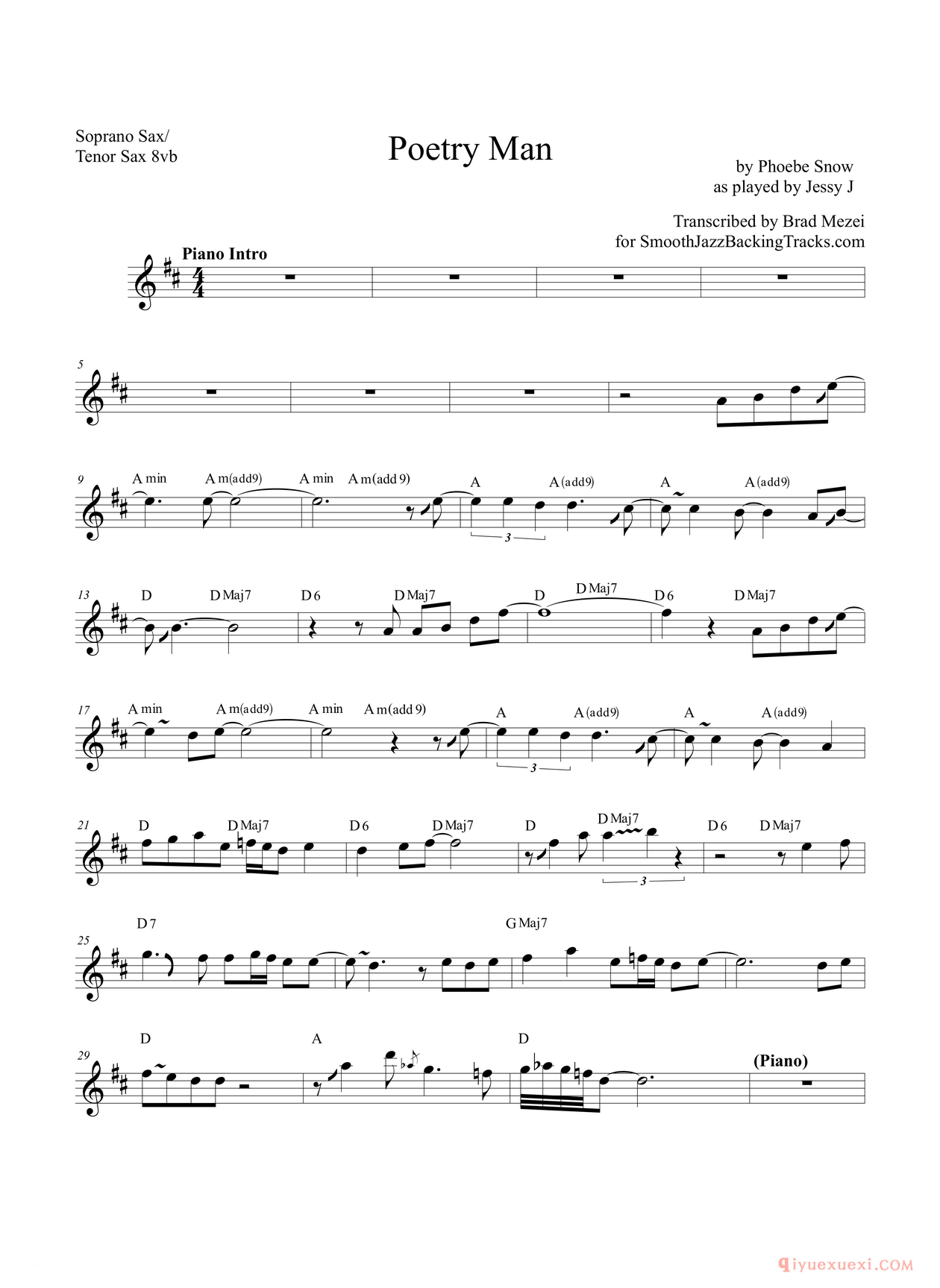 萨克斯谱《Poetry Man 高音萨克斯-次中音萨克斯》五线谱