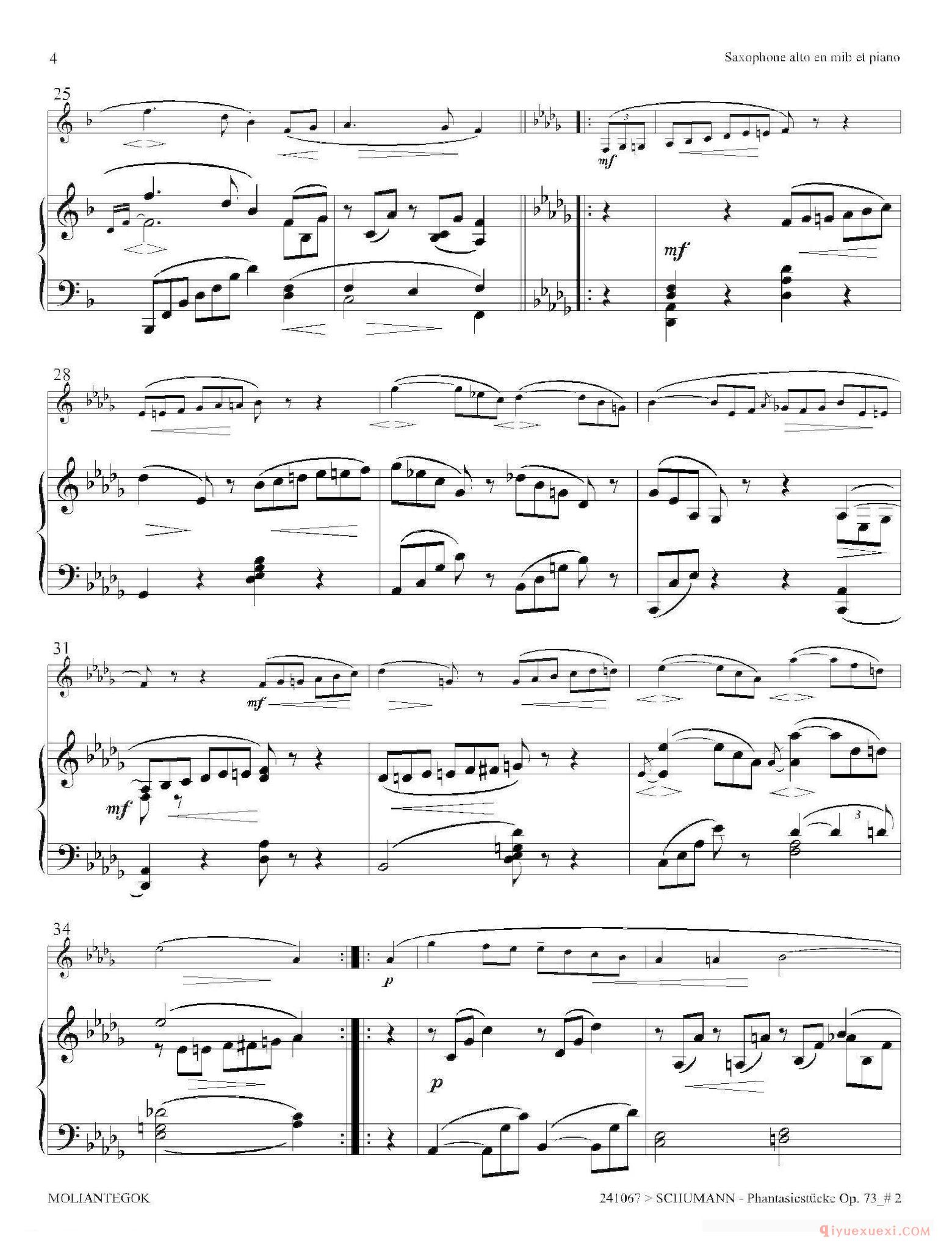 萨克斯谱[舒曼幻想曲三首 Op73（Ⅱ）]中音萨克斯+钢琴伴奏