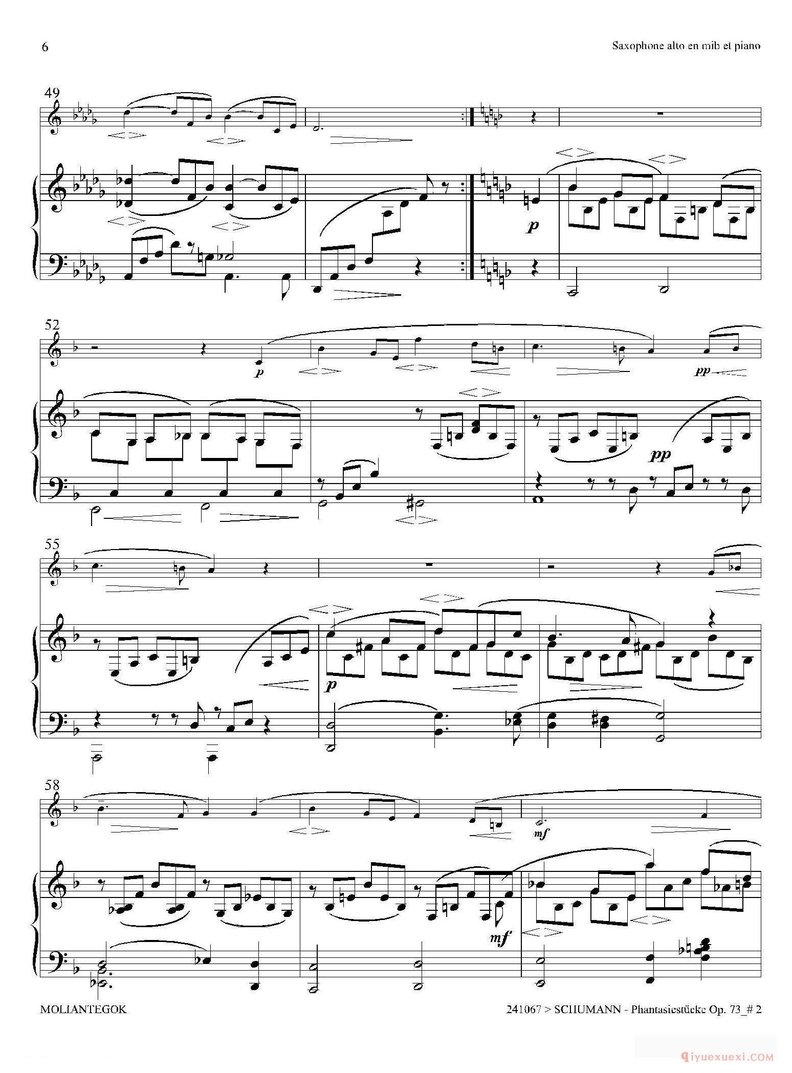 萨克斯谱[舒曼幻想曲三首 Op73（Ⅱ）]中音萨克斯+钢琴伴奏
