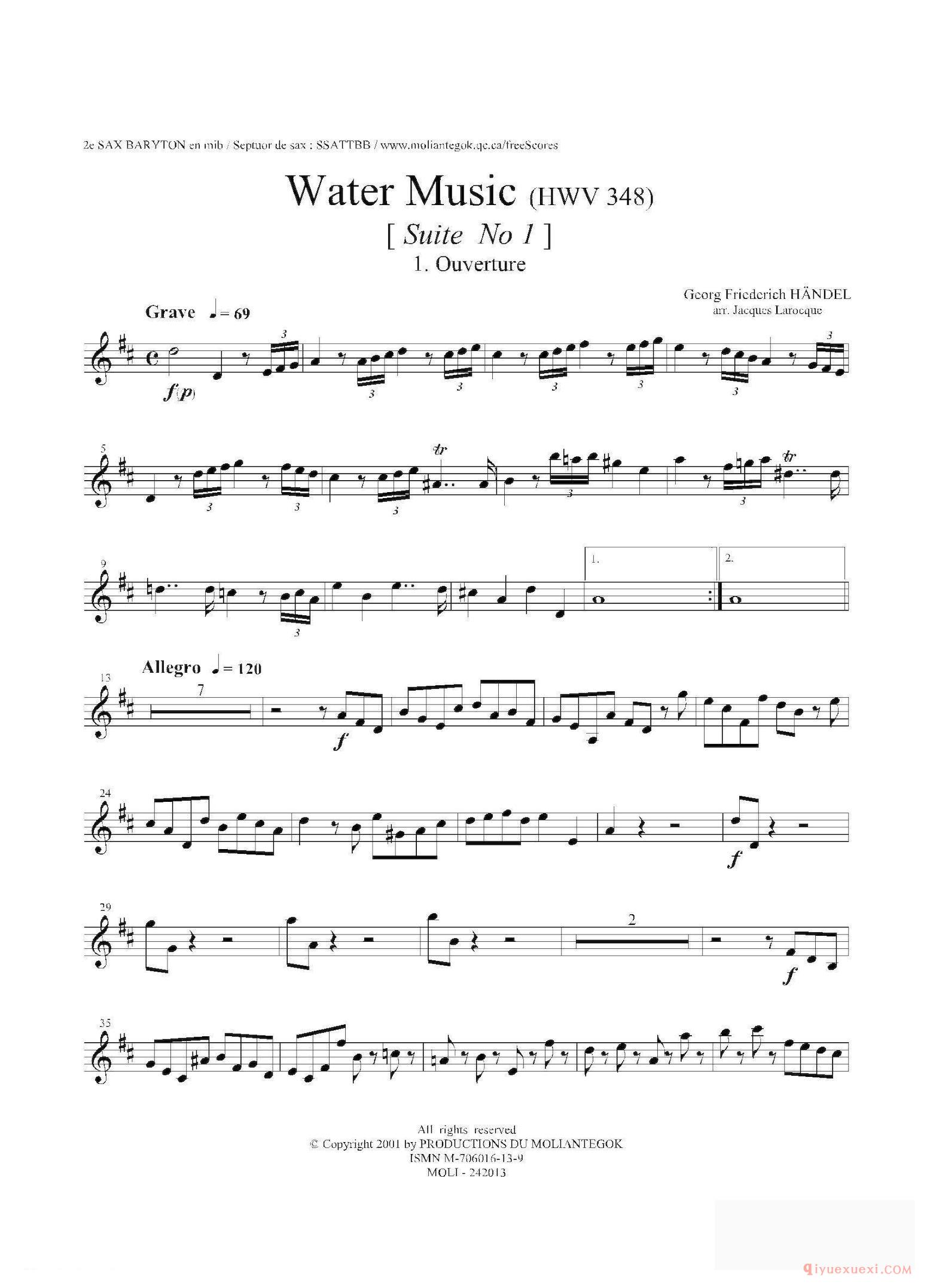 萨克斯乐谱[Water Music（HWV.348 No.1） 第二上低音萨克斯]五线谱