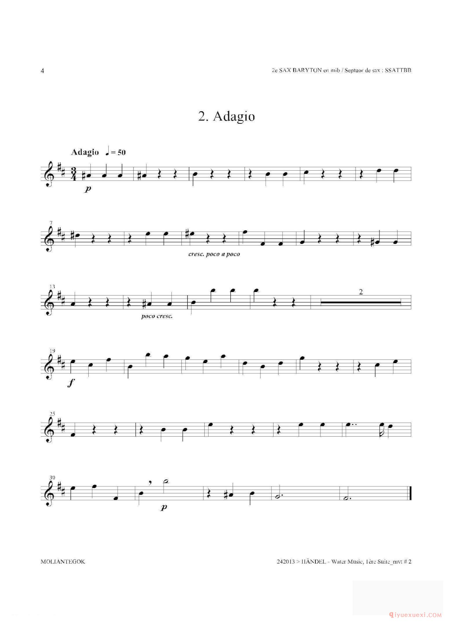 萨克斯乐谱[Water Music（HWV.348 No.1） 第二上低音萨克斯]五线谱