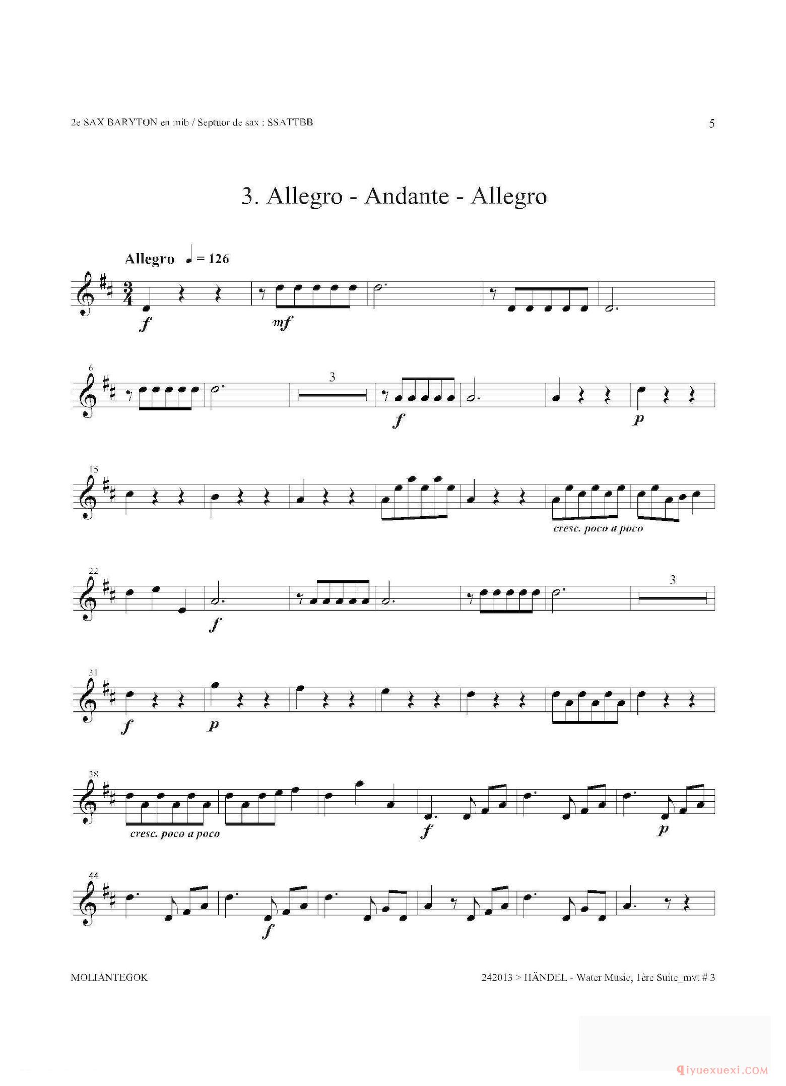 萨克斯乐谱[Water Music（HWV.348 No.1） 第二上低音萨克斯]五线谱