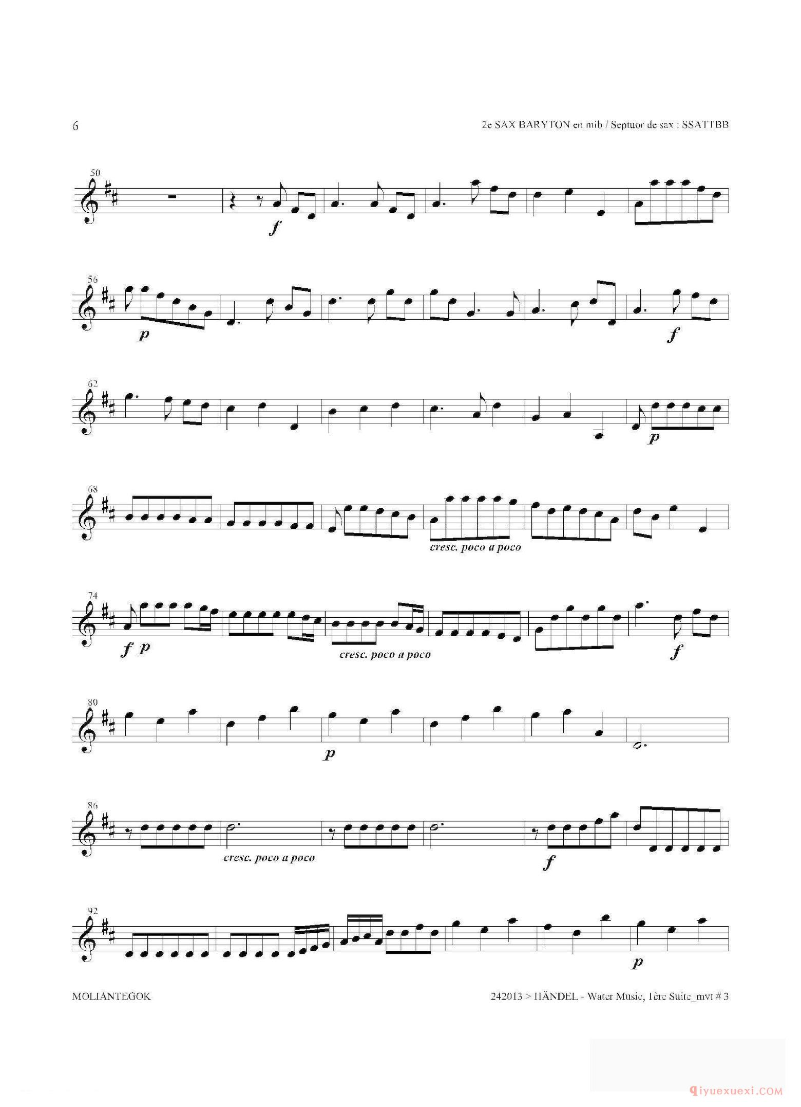 萨克斯乐谱[Water Music（HWV.348 No.1） 第二上低音萨克斯]五线谱