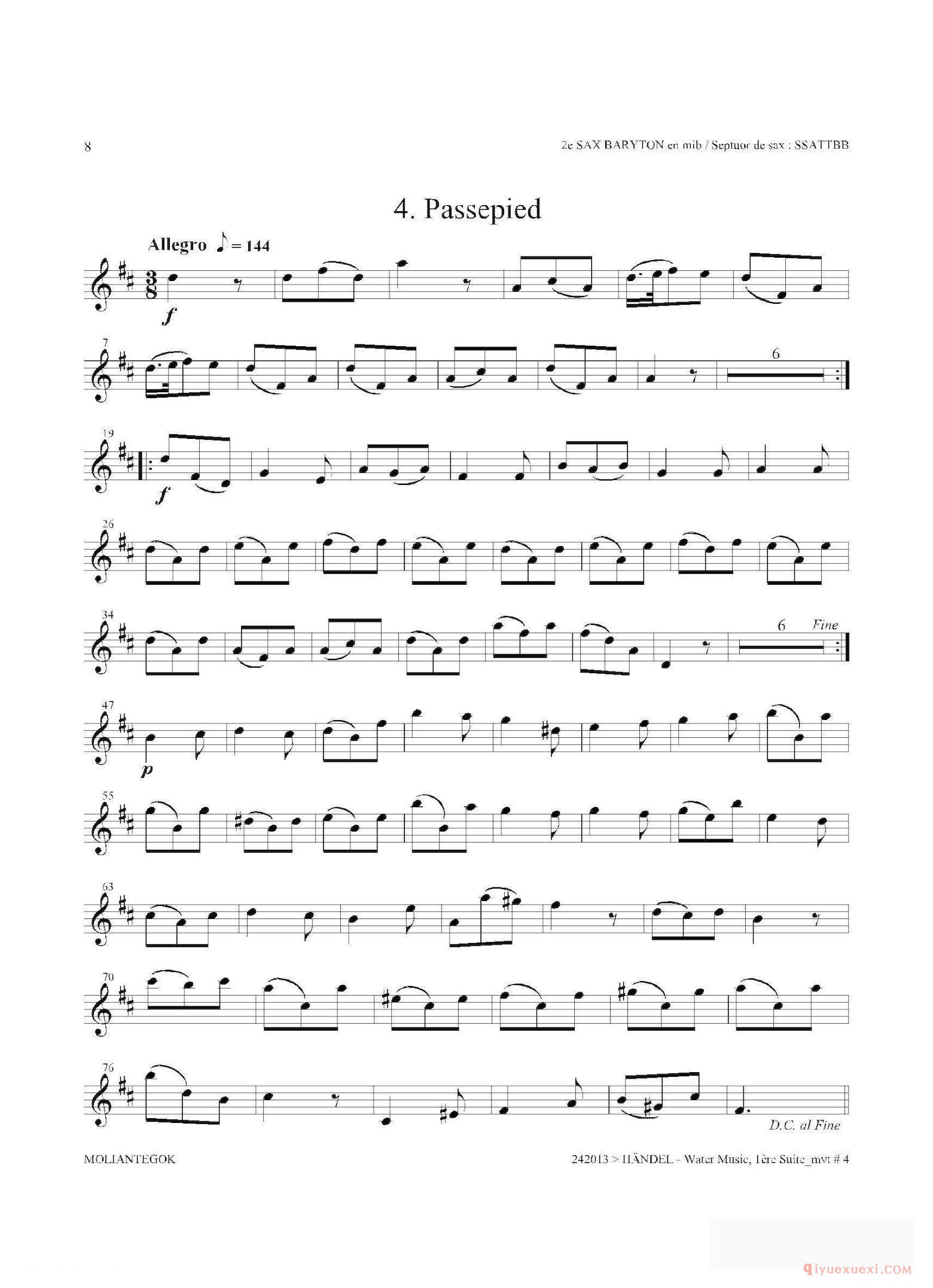萨克斯乐谱[Water Music（HWV.348 No.1） 第二上低音萨克斯]五线谱