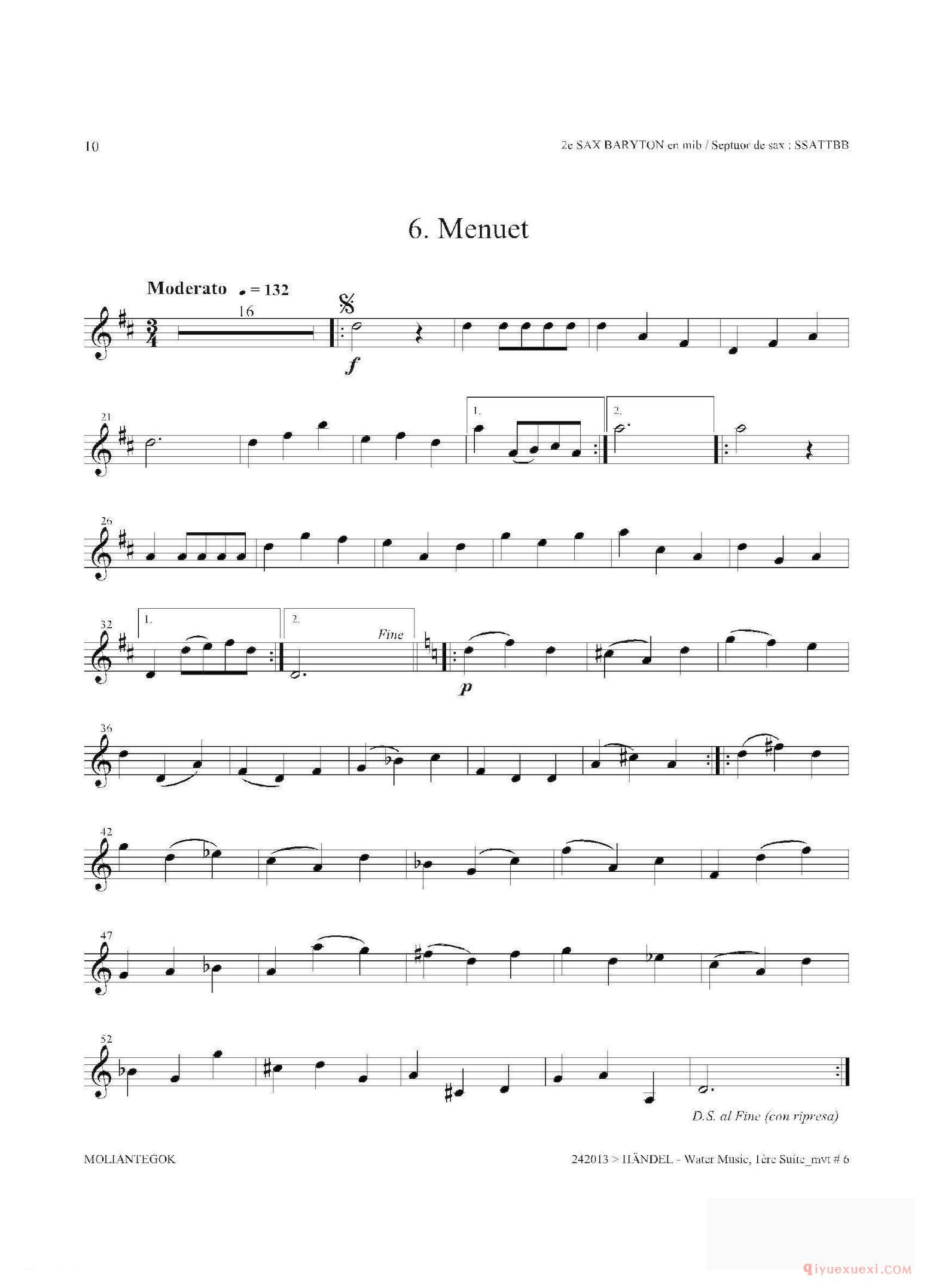 萨克斯乐谱[Water Music（HWV.348 No.1） 第二上低音萨克斯]五线谱