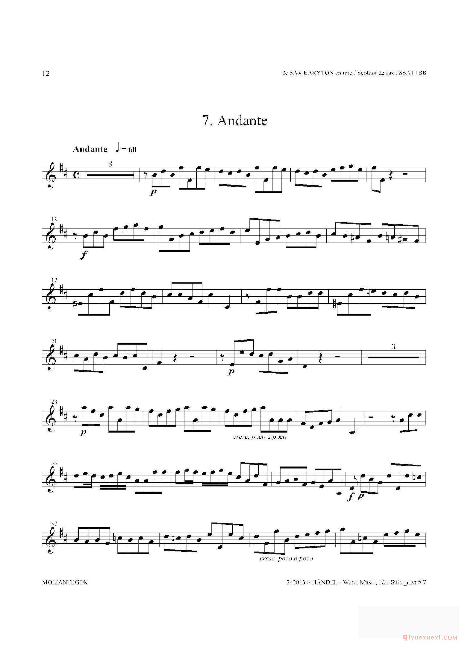 萨克斯乐谱[Water Music（HWV.348 No.1） 第二上低音萨克斯]五线谱