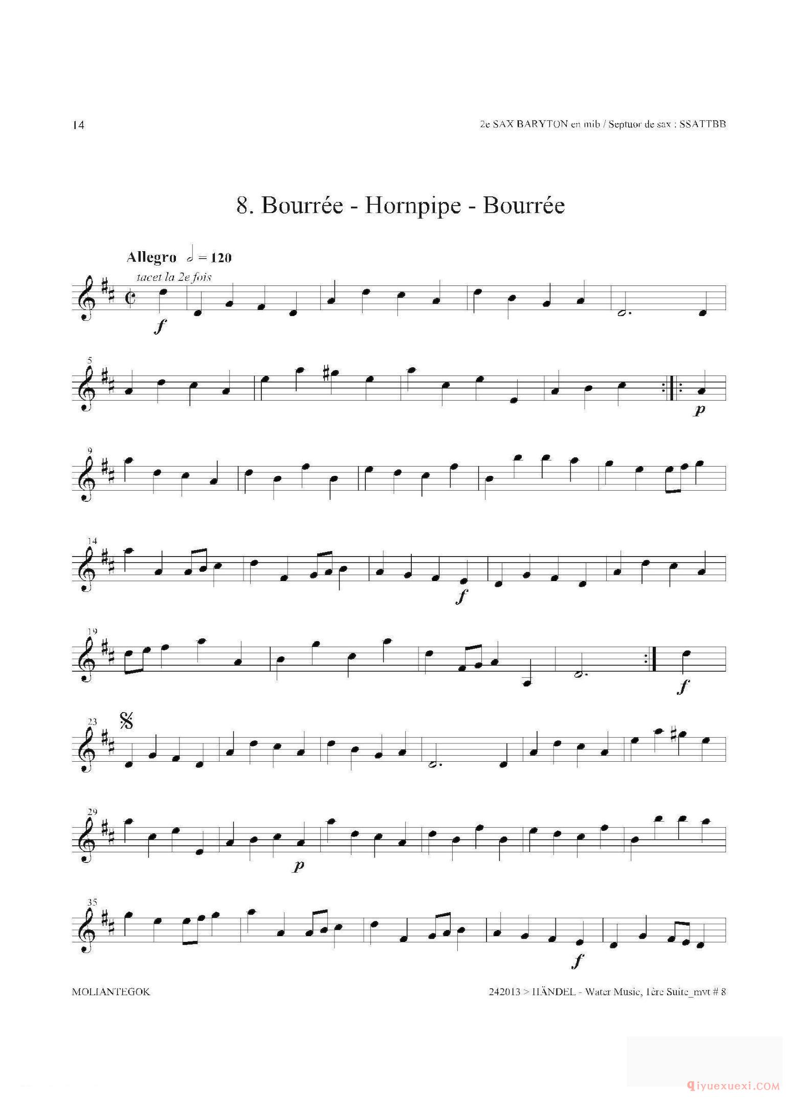 萨克斯乐谱[Water Music（HWV.348 No.1） 第二上低音萨克斯]五线谱