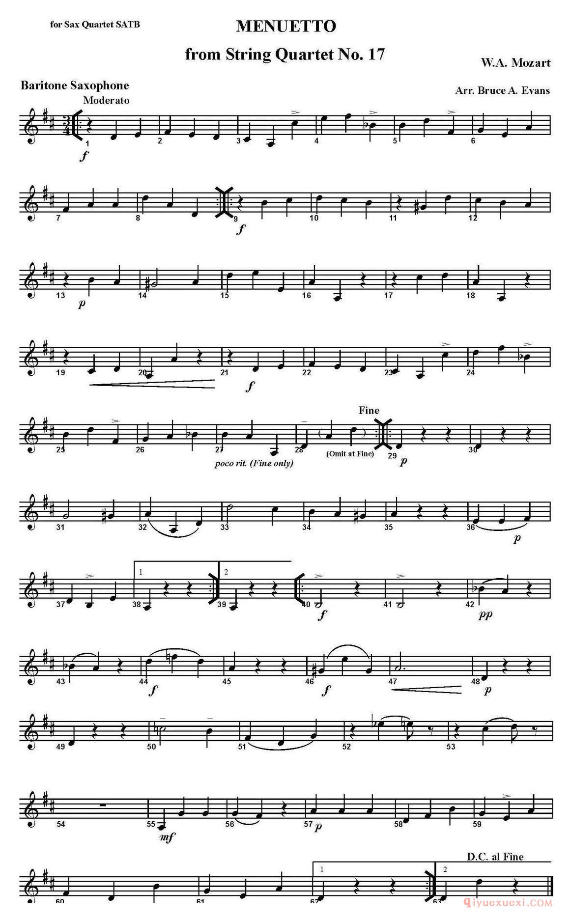 MENUETTO from String Quartet No.17(四重奏·次中音萨克斯分谱)