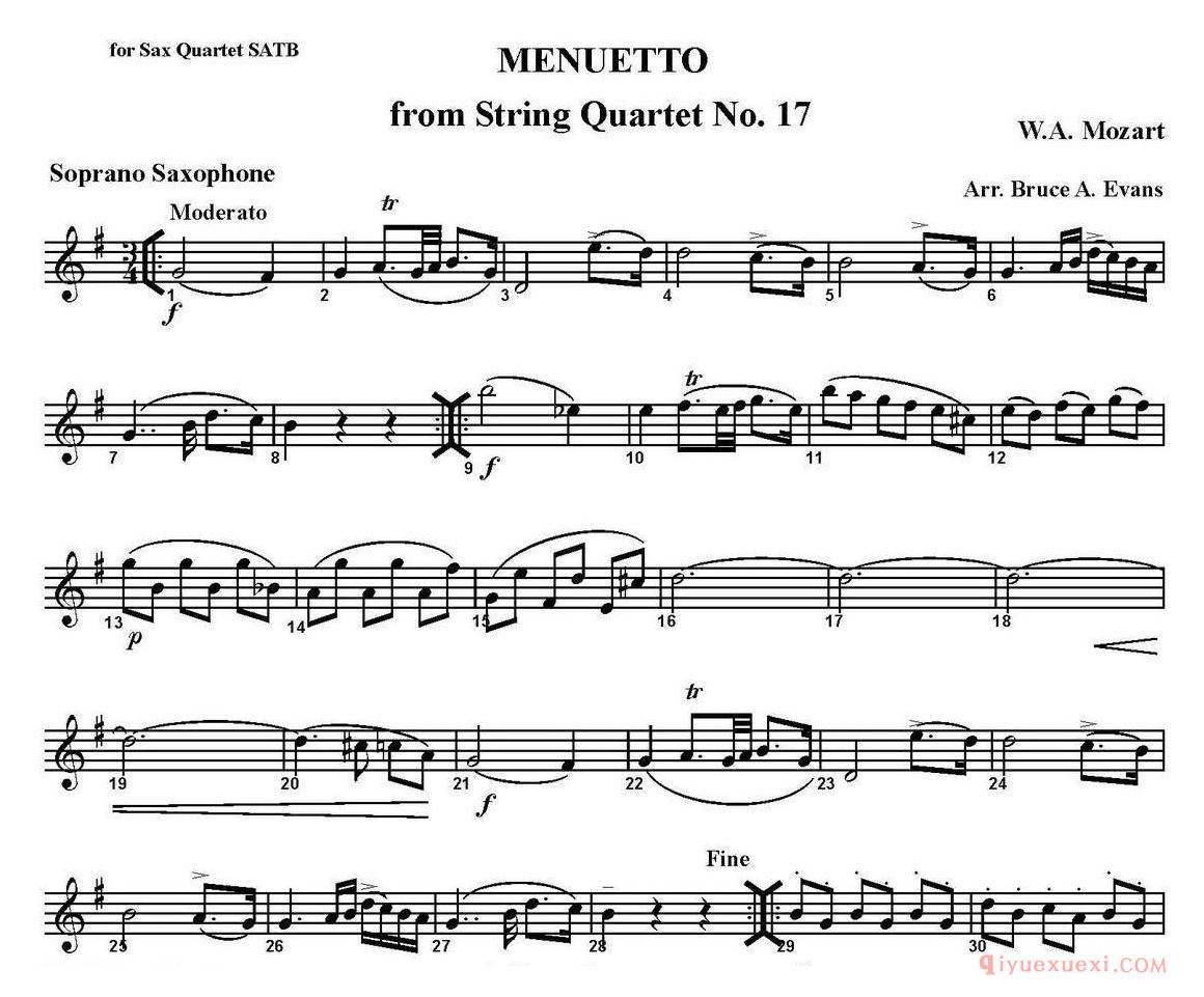 MENUETTO from String Quartet No.17(四重奏·高音萨克斯分谱)