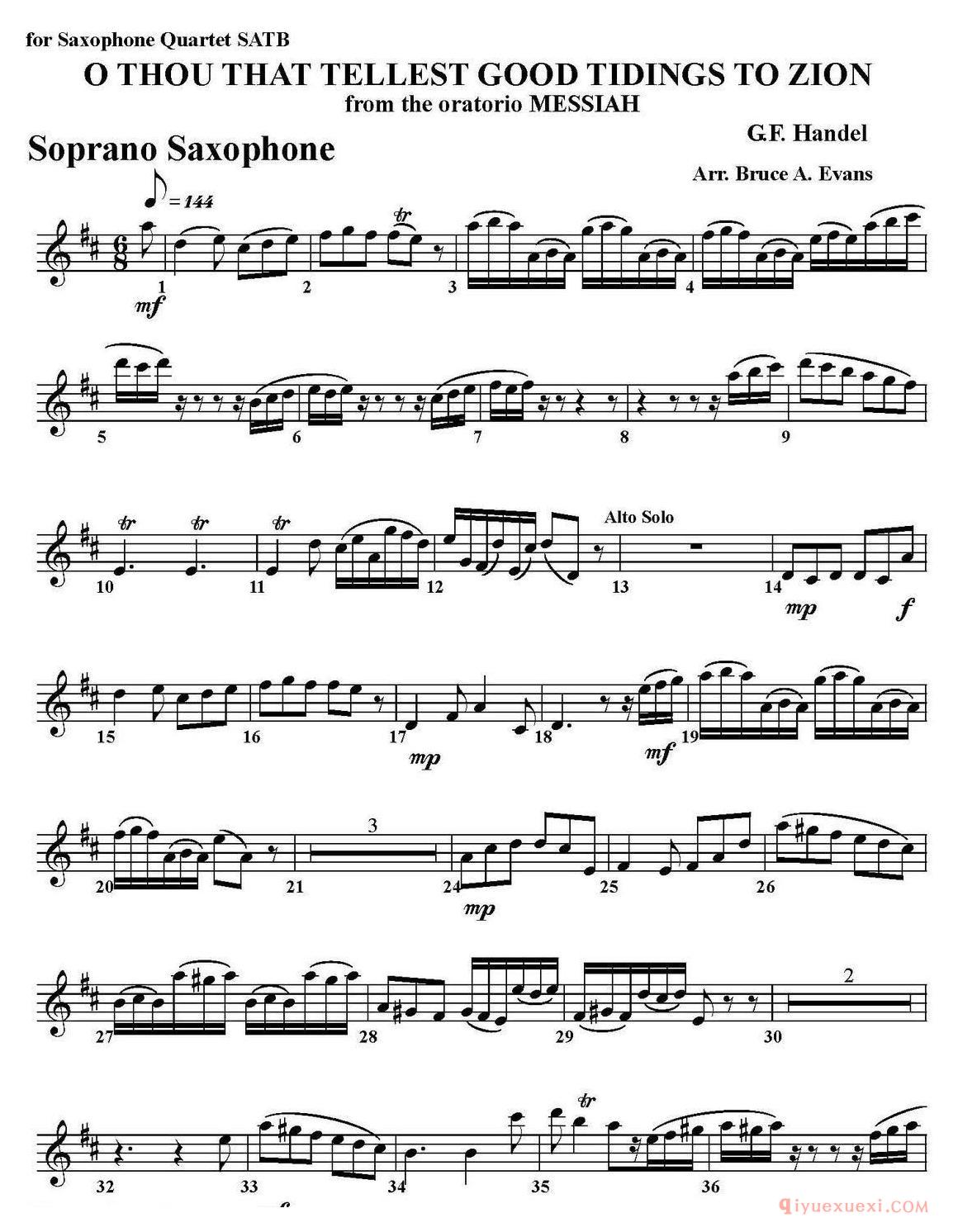 O THOU THAT TELLEST GOOD TIDINGS TO ZION(四重奏·高音萨克斯分谱)