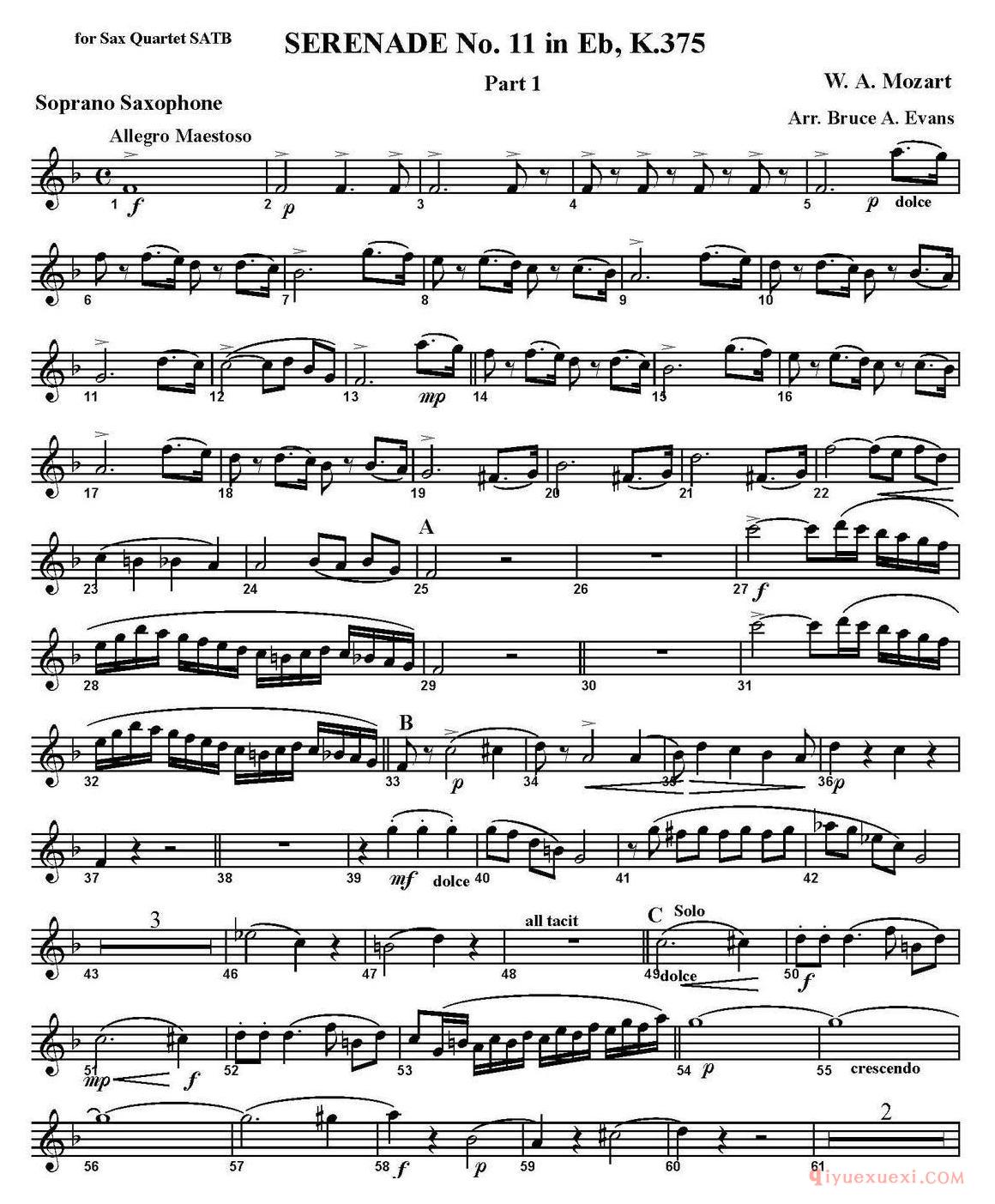 四重奏·高音萨克斯分谱[SERENADE No.11 in Eb，K.375 Part 1]