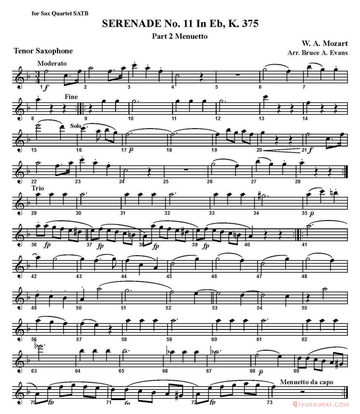 四重奏·次中音萨克斯分谱[SERENADE No.11 in Eb，K.375 Part 2 Menuetto]