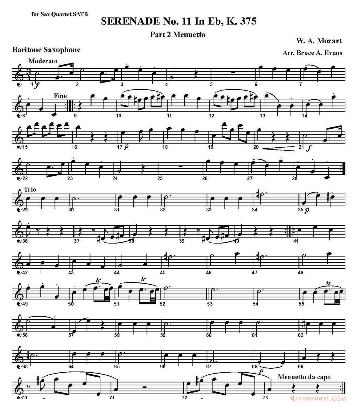 四重奏·上低音萨克斯分谱[SERENADE No.11 in Eb，K.375 Part 2 Menuetto]