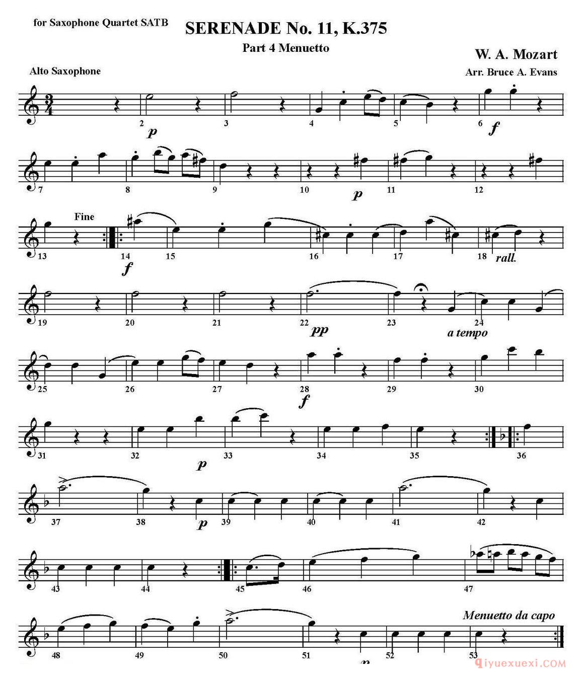 四重奏·中音萨克斯分谱[SERENADE No.11，K.375 Part 4 Menuetto]