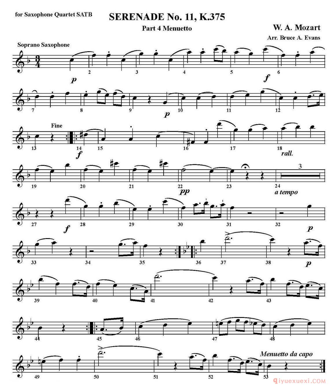 四重奏·高音萨克斯分谱[SERENADE No.11，K.375 Part 4 Menuetto]