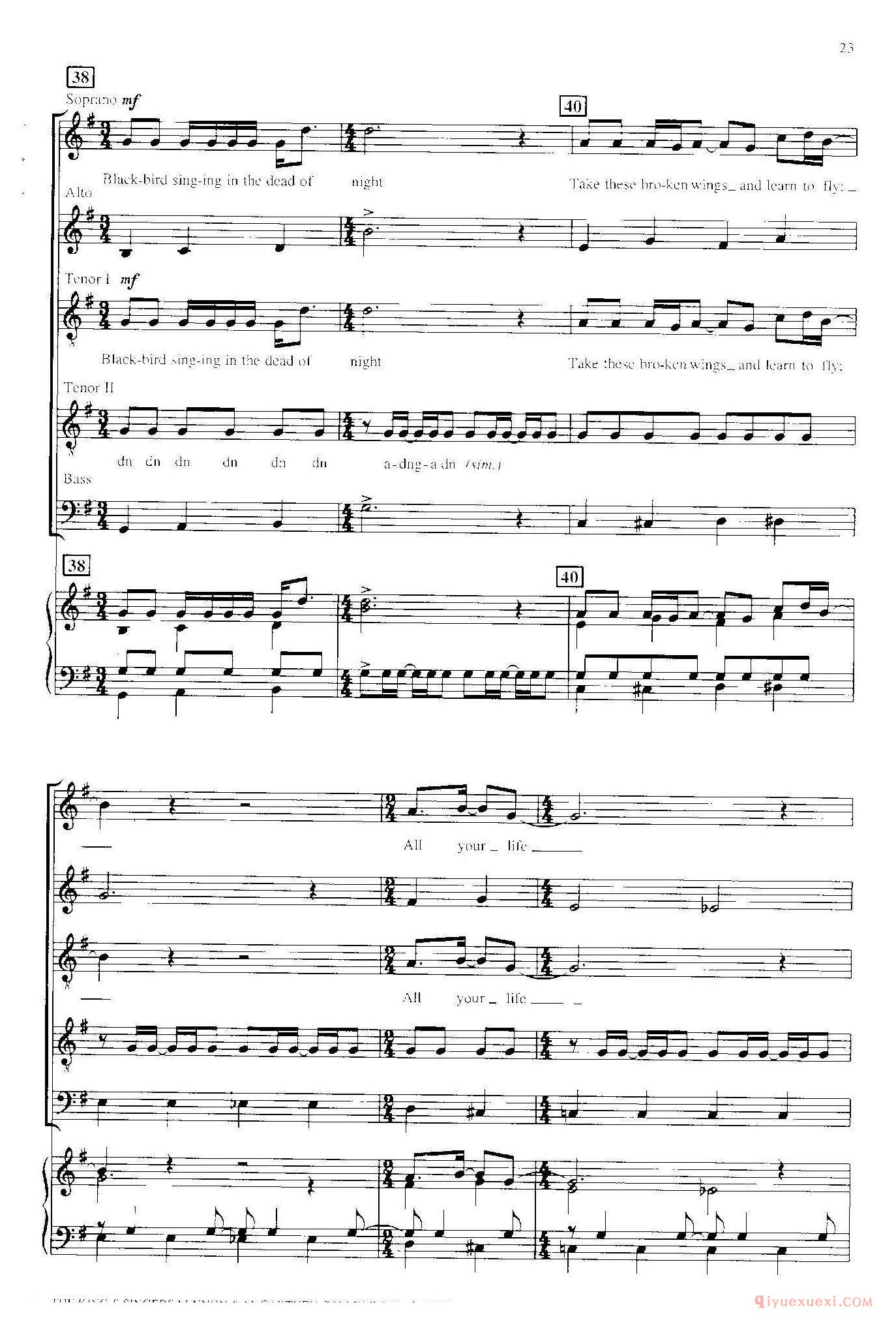 萨克斯谱[Blackbird]四重奏+钢琴伴奏