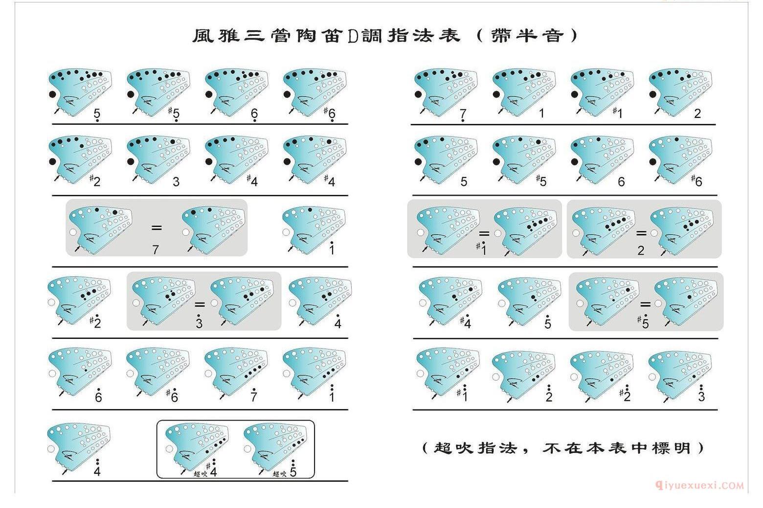 风雅三管陶笛D调指法表/带半音