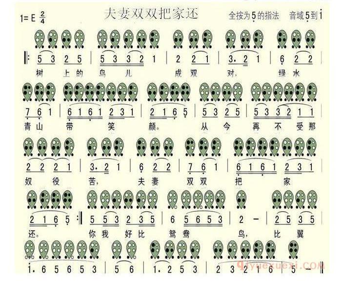 6孔陶笛谱子《夫妻双双把家还》