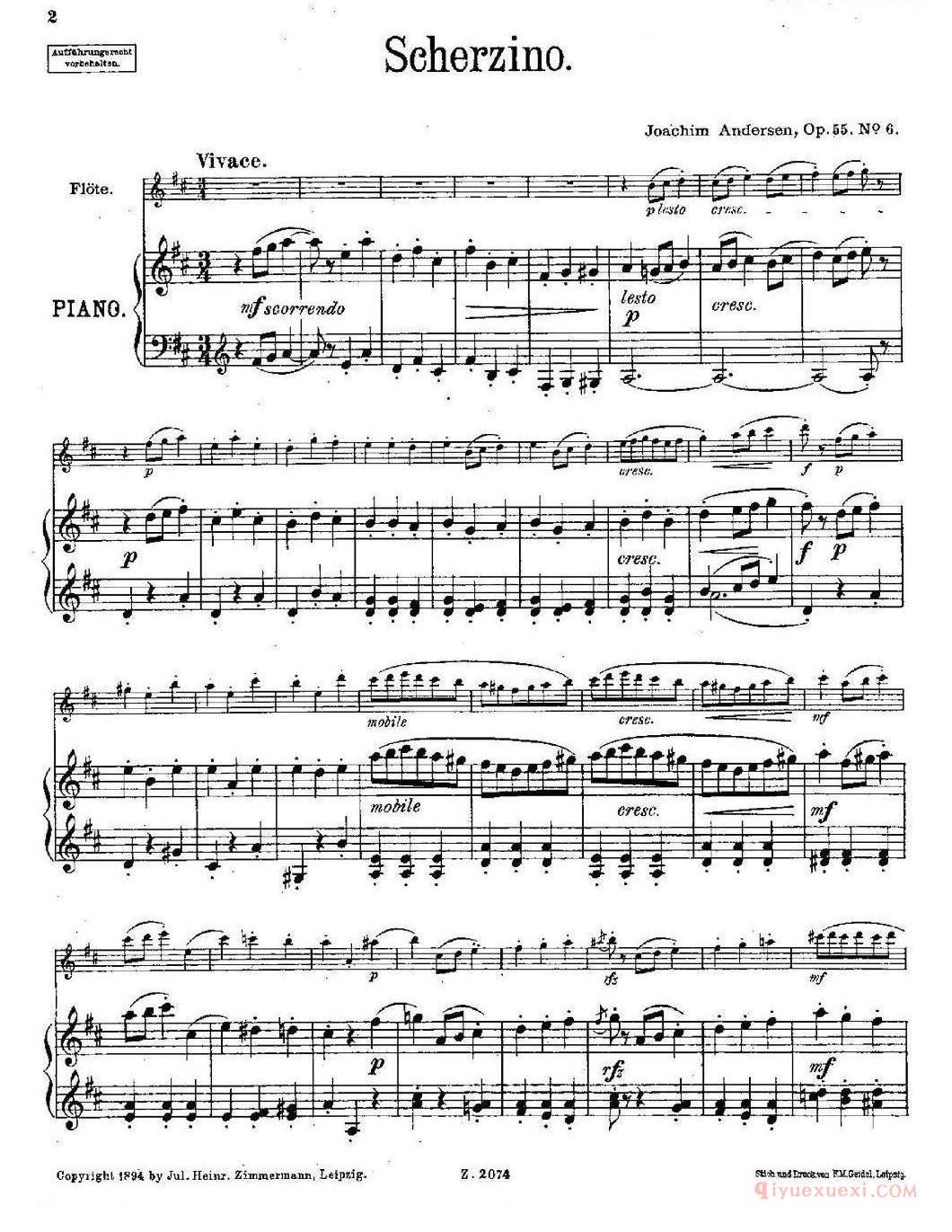 长笛乐谱[Scherzino/Op.55 No.6/长笛+钢琴伴奏]五线谱