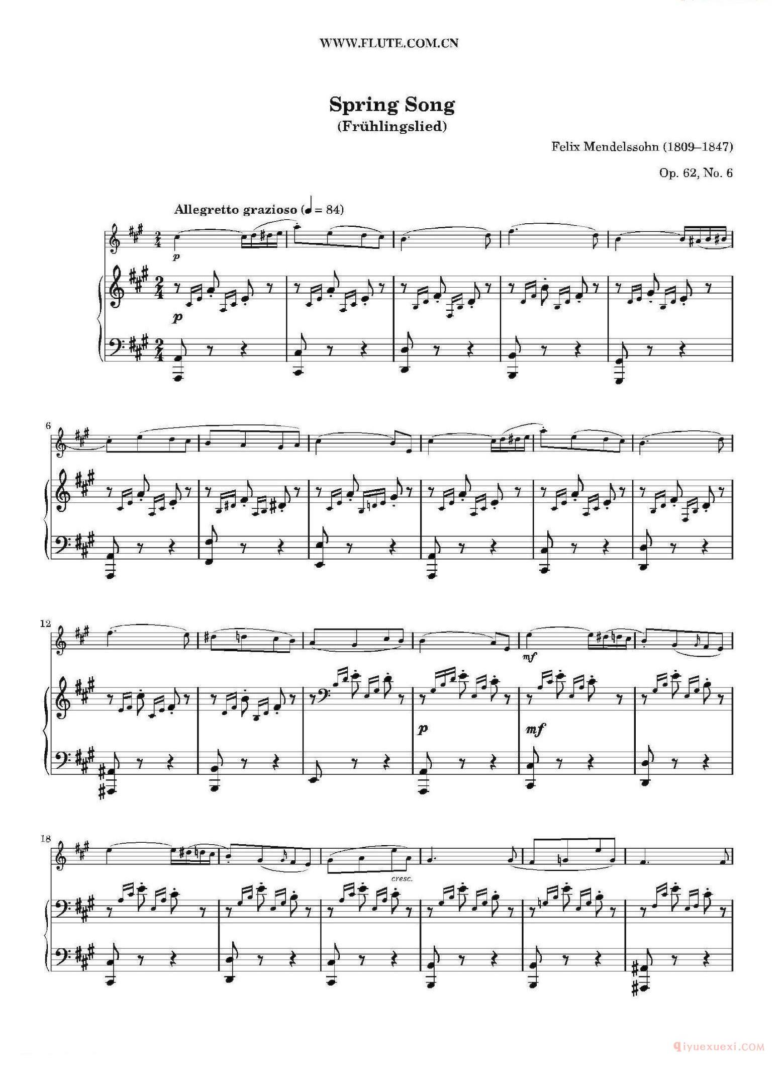 长笛乐谱[春之歌/Spring Song/作品62/长笛+钢琴]