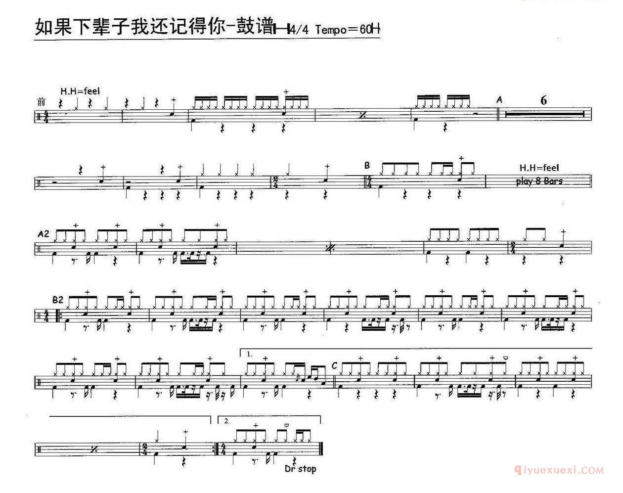 爵士鼓曲谱[如果下辈子我还记得你]