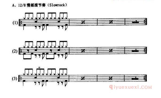 架子鼓12-8慢摇滚节奏型(Slowrock)练习(6条)
