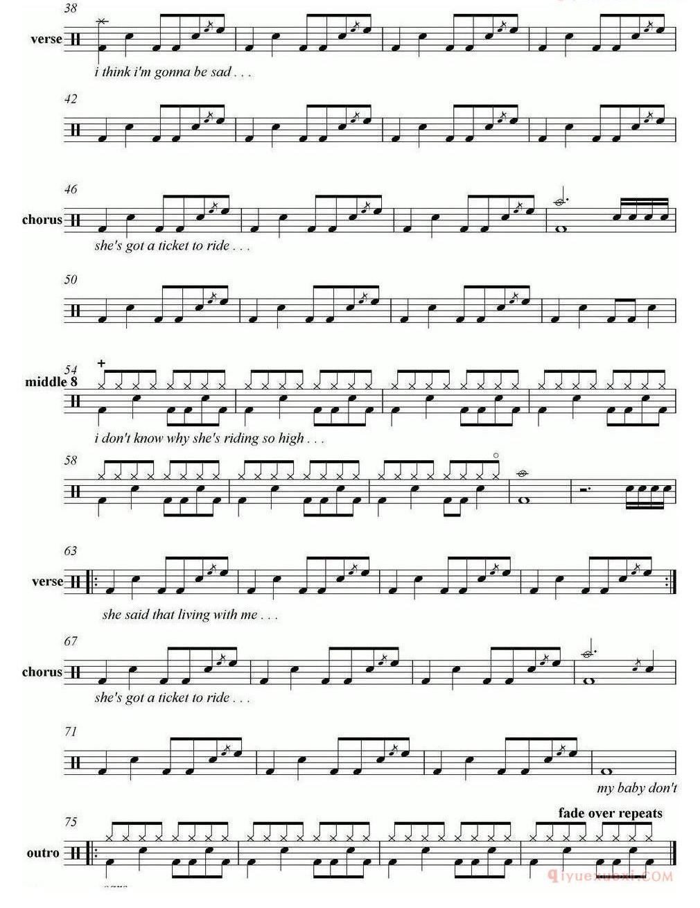 架子鼓乐谱[The Beatles - Ticket To Ride]