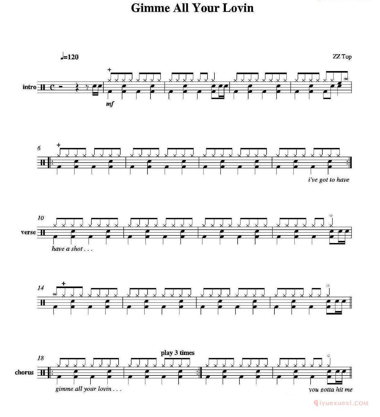 爵士鼓谱[Gimme All Your Lovin]