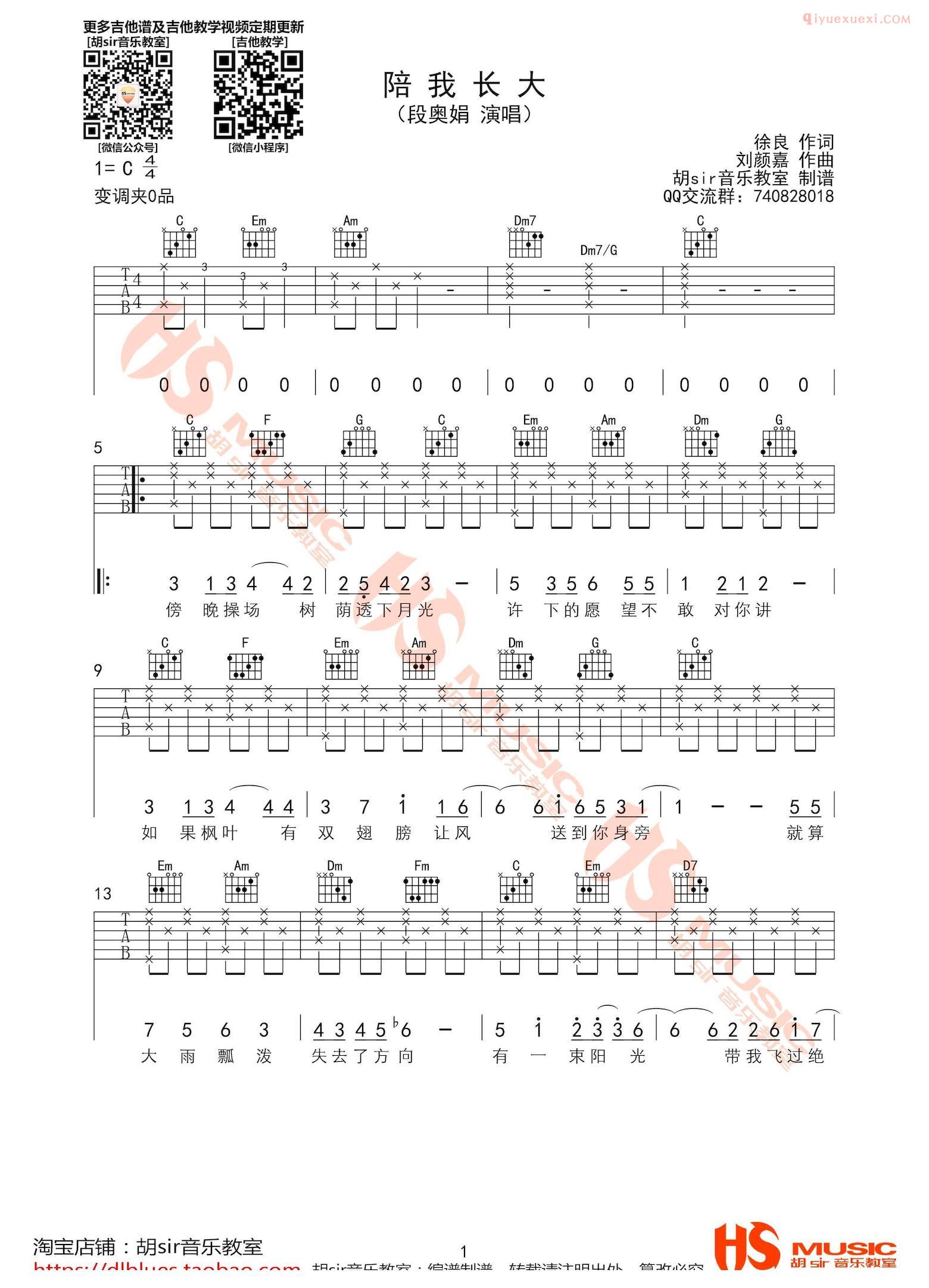 胡sir吉他《陪我长大》吉他谱