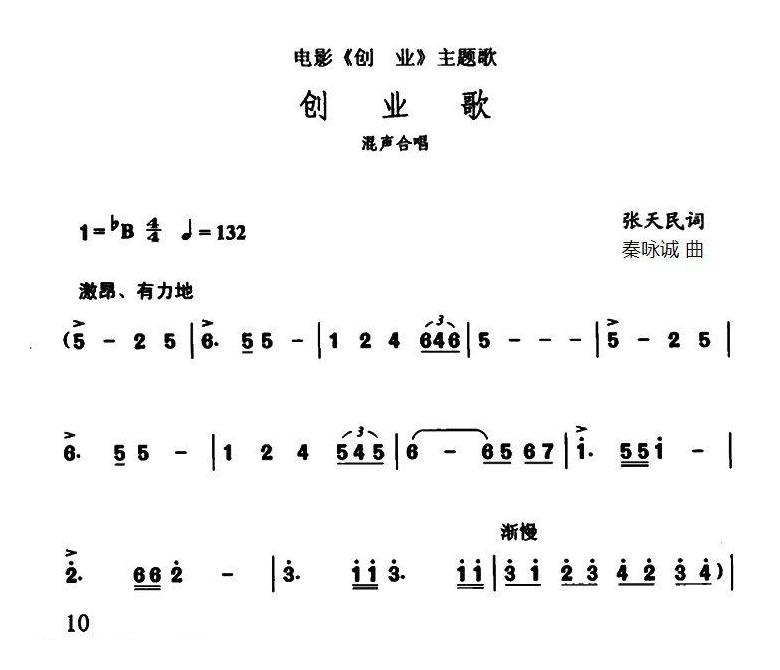 合唱歌曲[创业歌/电影/创业主题歌]简谱