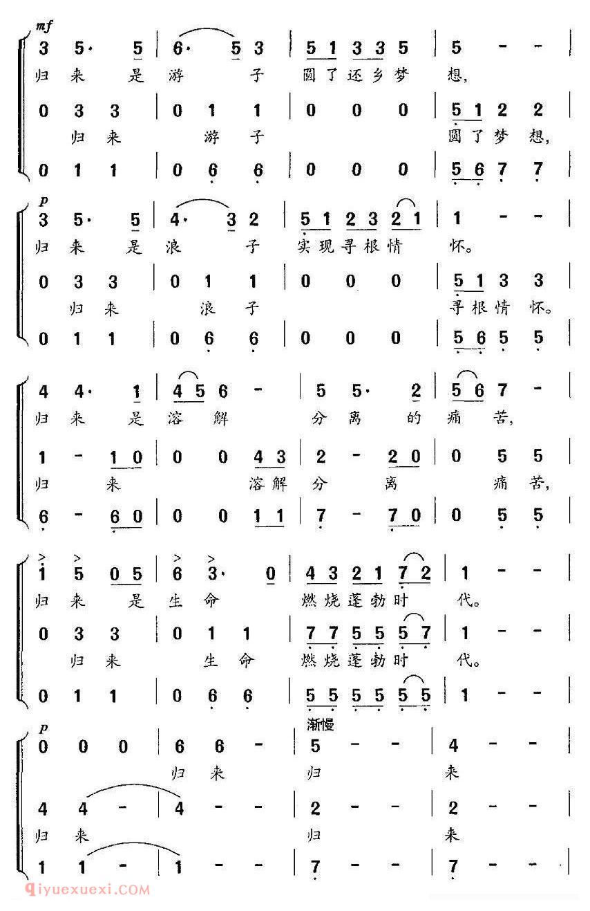 合唱乐谱[归来/傅庆信词 李小亮曲]简谱