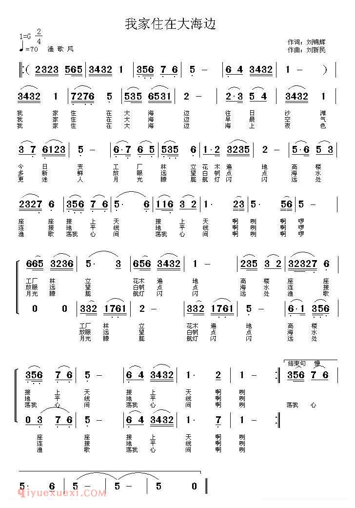 合唱歌曲[我家住在大海边/刘锦辉词 刘新民曲]简谱