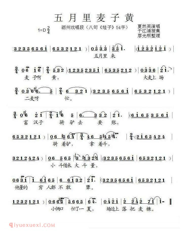 泗州戏《五月里麦子黄/八句/娃子/唱段》简谱