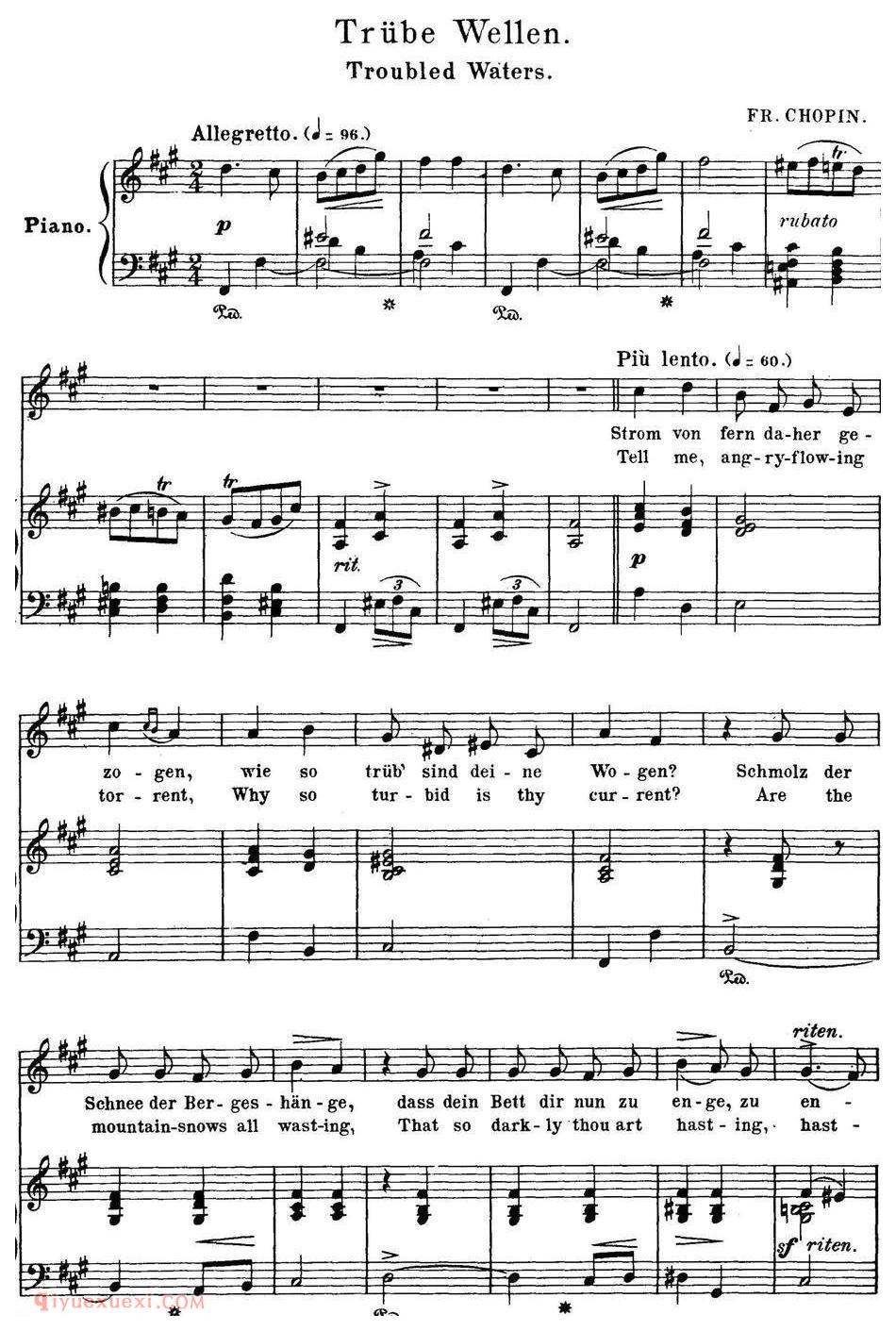 Chopin-17 Polish Songs Op.74，No.3（Trube Wellen. Troubled Waters.）钢琴伴奏谱