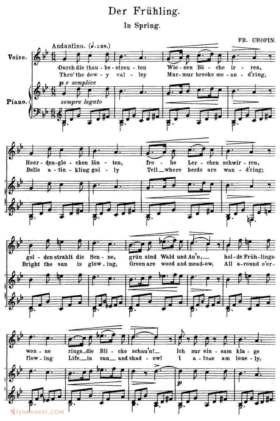 Chopin-17 Polish Songs Op.74，No.2（Der Fruhling. In Spring.）钢琴伴奏谱