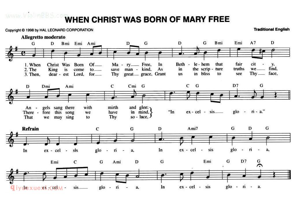 五线谱《WHEN CHRIST WAS BORN OF MARY FREE 》