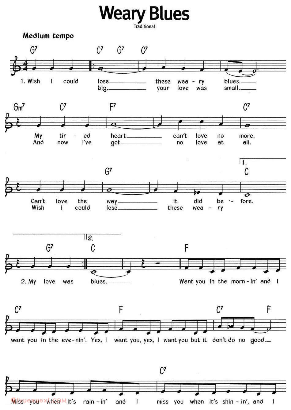 蓝调音乐:Weary Blues | 五线谱