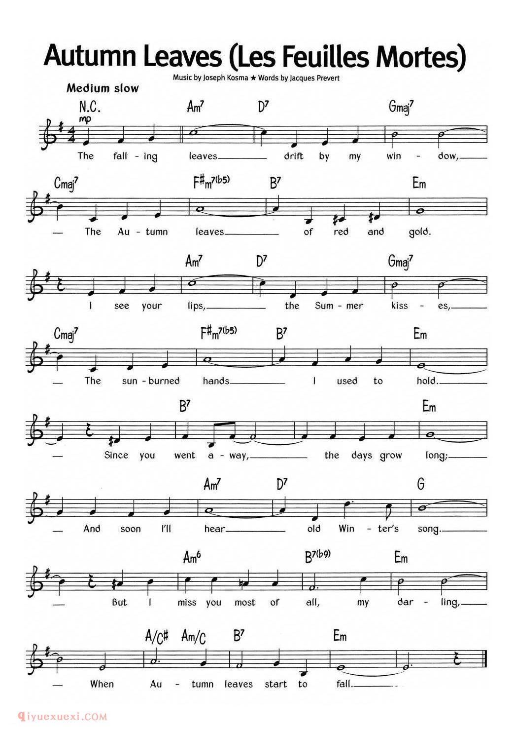 Autumn Leaves_Les Feuilles Mortes_蓝调音乐 | 五线谱